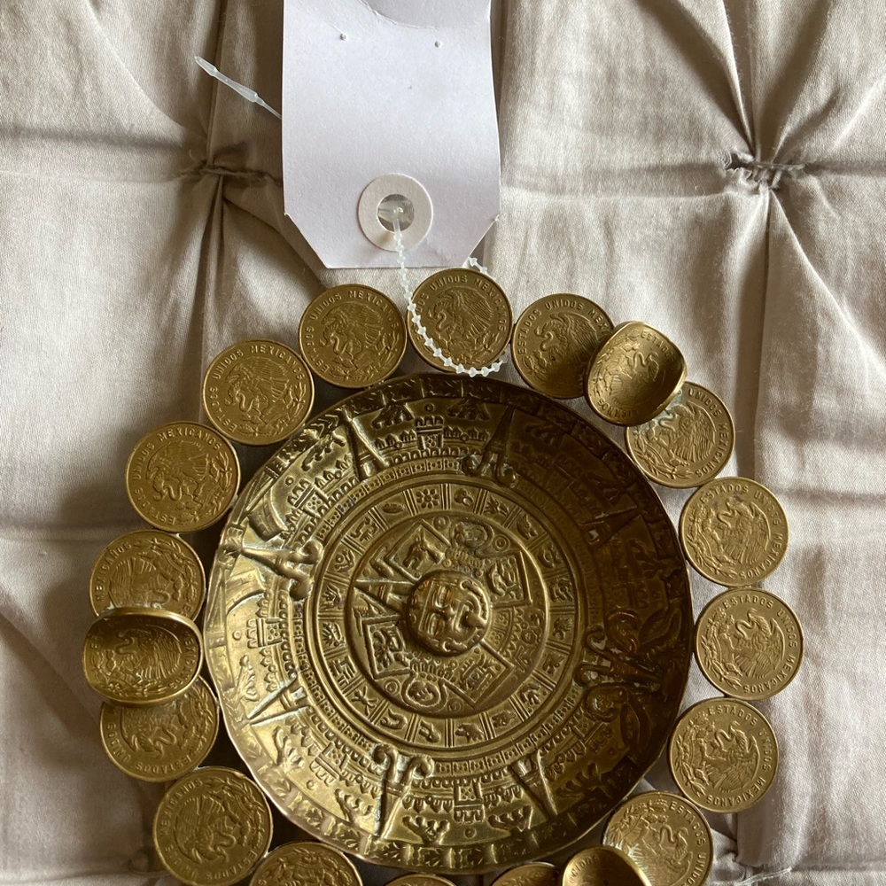 Cigar or Cigarette Mexican ash tray vintage 1960s coins with sun dial